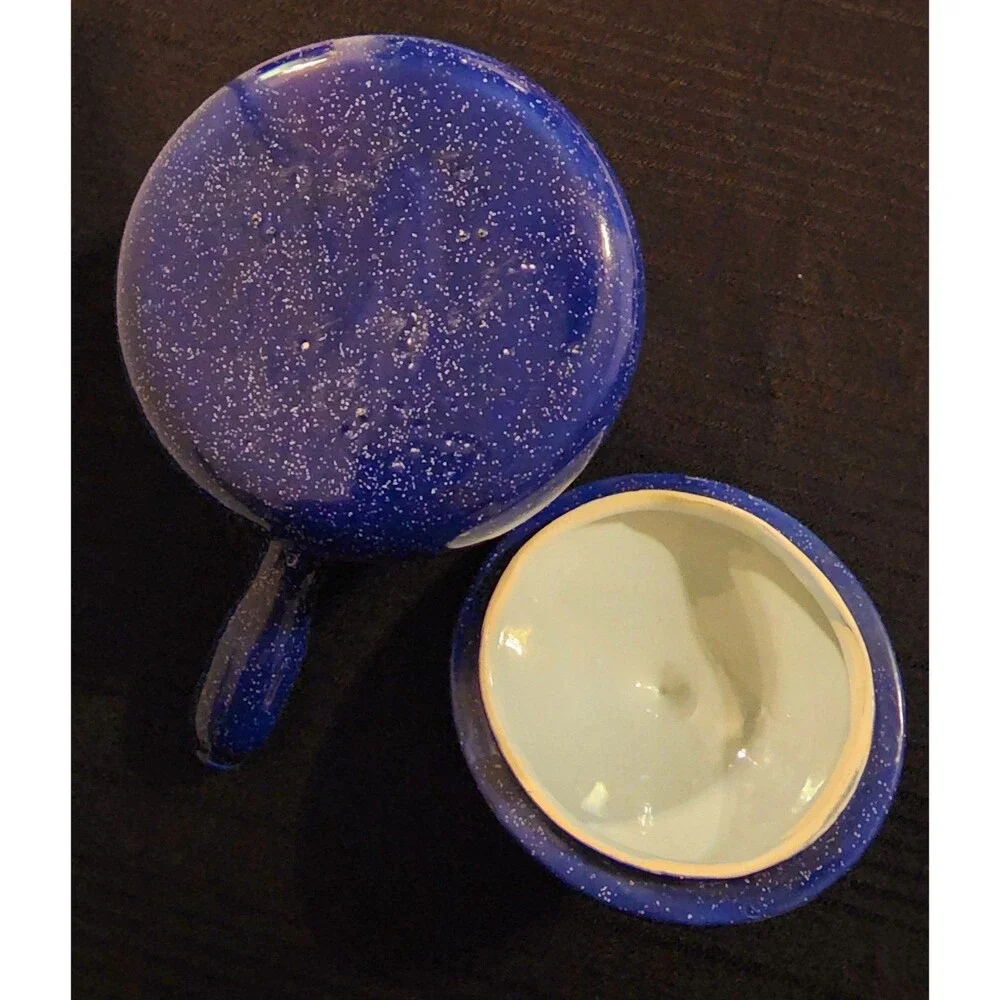 Vintage Blue Ceramic Crock Bowl with Handle & Lid